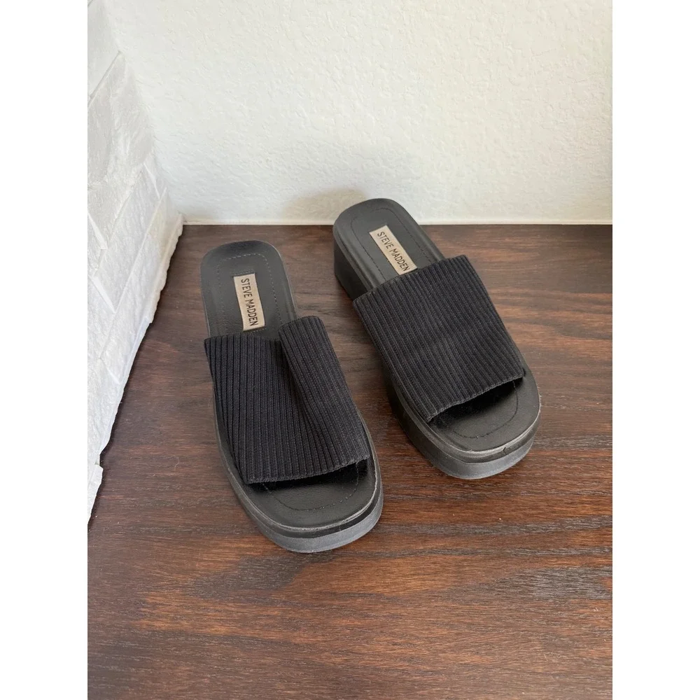 Steve Madden Black Ribbed Knit Platform Slide Sandals Y2K Open Toe Womens 6